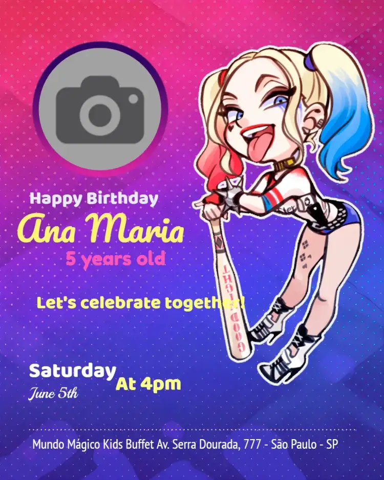 Invitation Harley Quinn With Photo Harlequin – Kids' Birthday Party theme colorful, fantasy-themed, anime-inspired, modern, fun