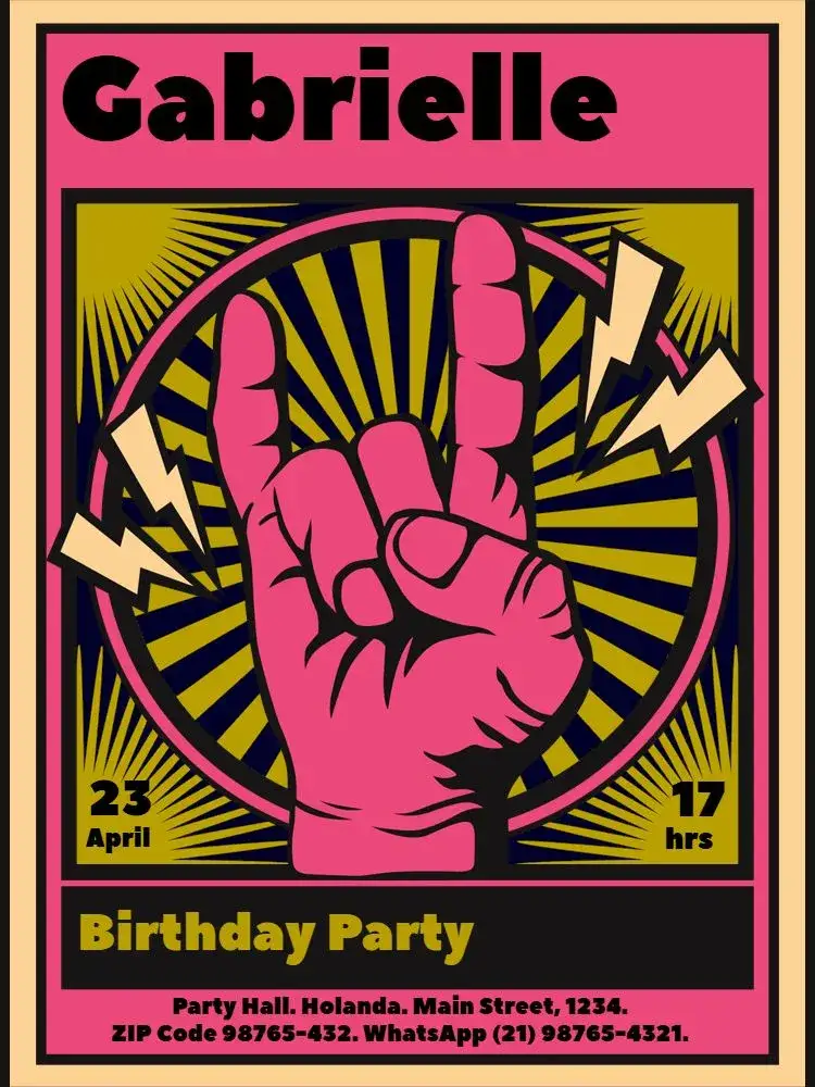 Invitation Rock N Roll Pink Yellow – Kids' Birthday Party theme modern, rock n roll, vibrant, musical, youthful, colorful
