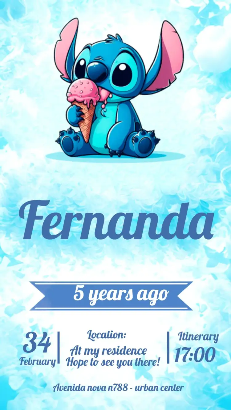 Invitation Stitch – Kids' Birthday Party theme fun, colorful, Disney themed, playful, kids