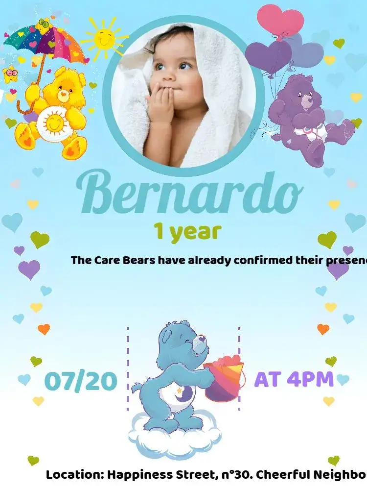 Invitation Cuddly Bears With Heart Photo – Kids' Birthday Party theme blue, childlike, playful, affectionate, colorful, cute