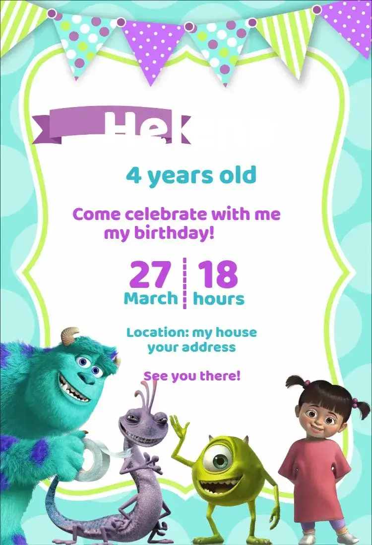 Invitation Monsters Inc. 3 – Kids' Birthday Party theme colorful, fun, themed, childlike, lively, monster illustrations