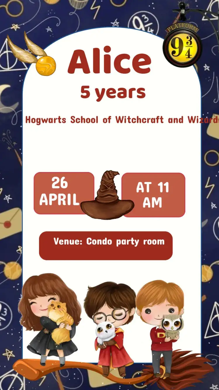 Invitation Harry Potter Cute Birthday Invitation – Kids' Birthday Party theme magical, colorful, fantasy-themed, fun-filled, wizard illustrations, cartoon style