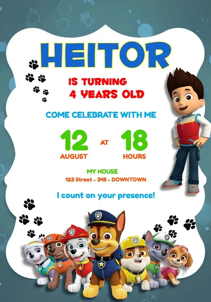 Invitation Blue Paw Patrol – Kids' Birthday Party theme blue, childish, fun, themed, colorful, lively