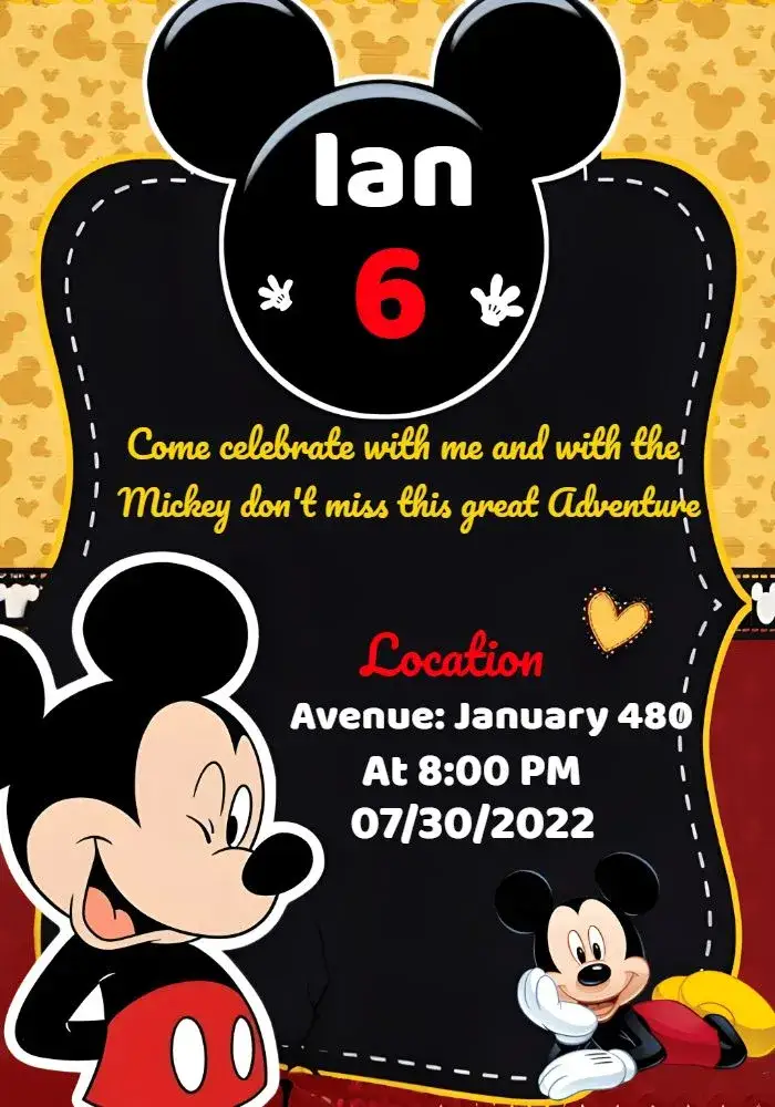 Invitation Black Mickey Mouse – Most searched for theme modern, fun, themed, colorful, childish, Disney