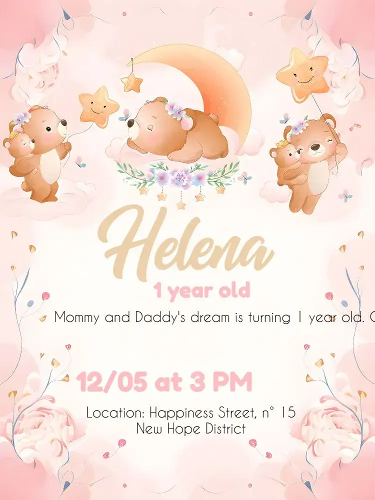 Invitation Pink Floral Teddy Bear – Commemorative Dates theme floral, watercolor, children's, pink, lilac, delicate