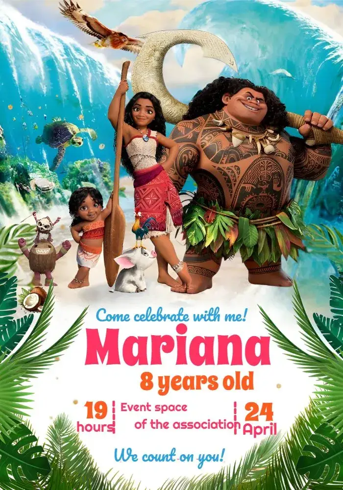 Invitation Moana 2 Sister – Most searched for theme colorful, tropical, Polynesian, fantasy, adventure