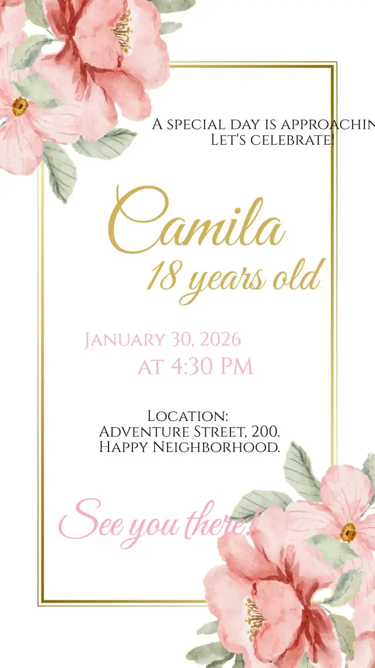 Invitation Pink and Gold Floral Digital Invitation – Birthday theme floral, pink, golden, delicate, modern, watercolor