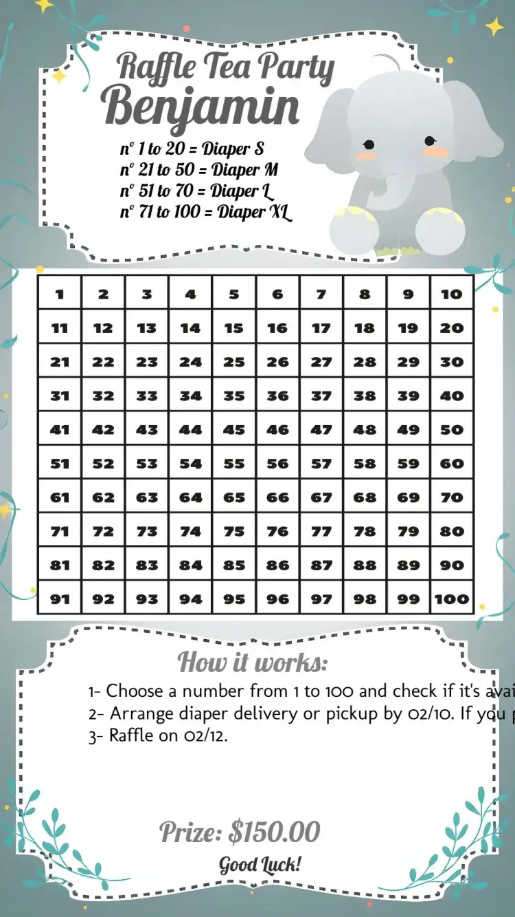 Invitation Elephant Star Raffle Tea – Raffle Tea theme gray and white, cute, childish, modern, celebration, stars