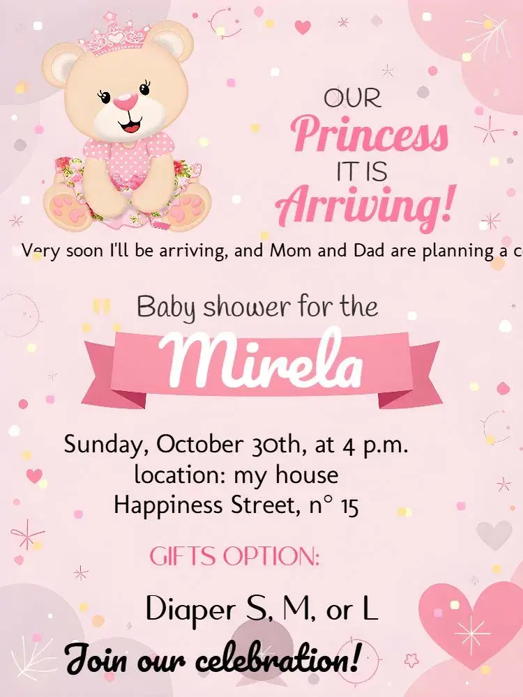 Princess Teddy Bear White Diaper Shower invitation