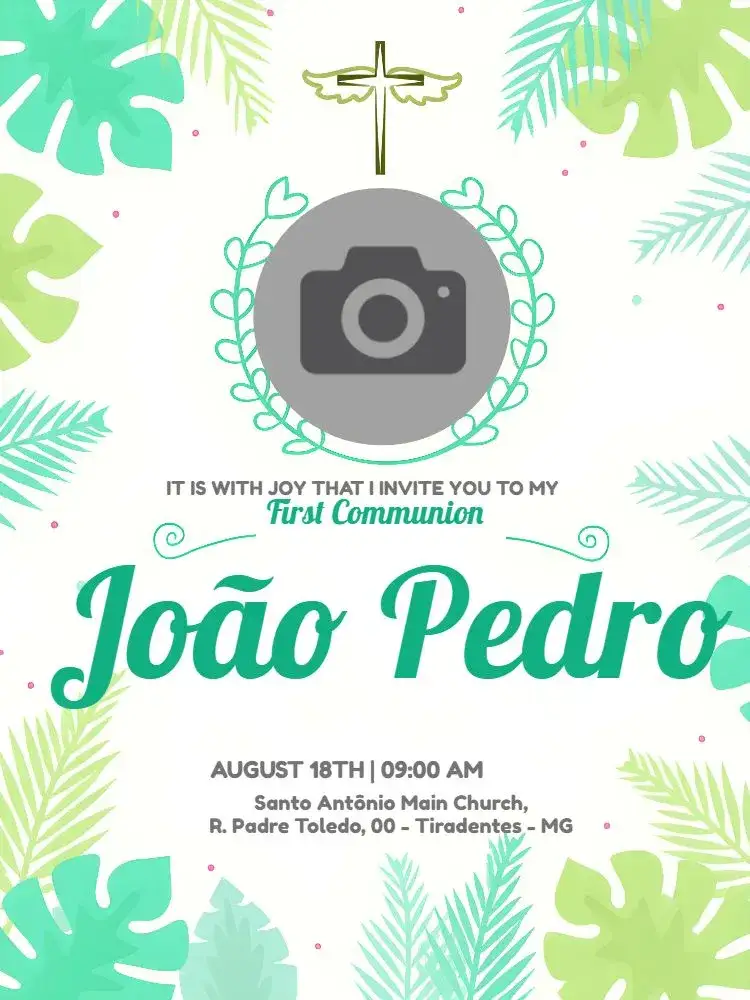 Invitation First Communion With Angel Photo – First Communion theme green, angels, foliage, delicate, sacred, childlike