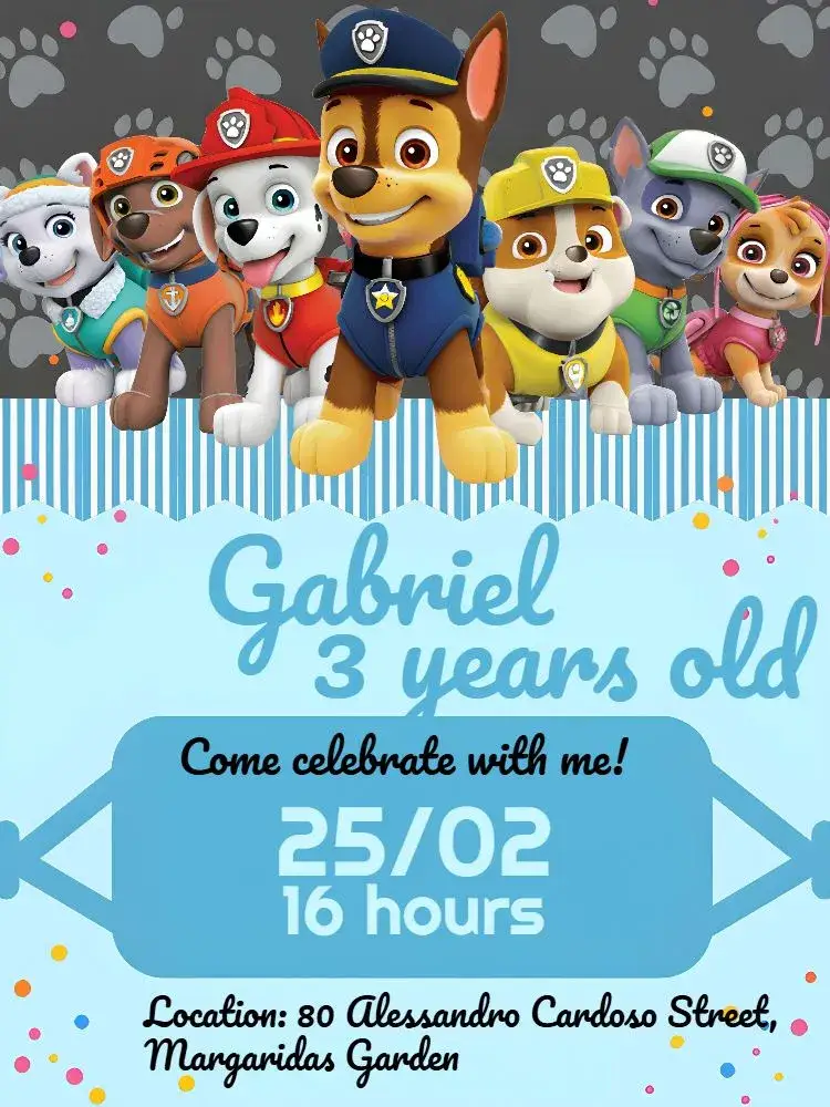 Invitation Paw Patrol Marshall – Kids' Birthday Party theme blue, white, black, fun, themed