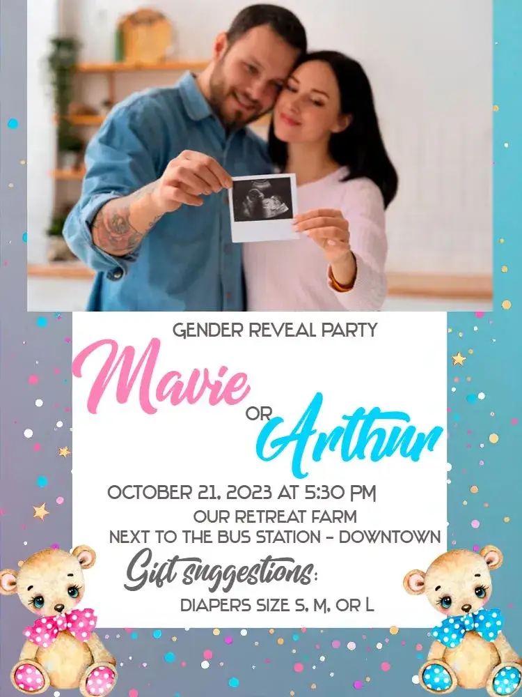 Invitation Teddy Bears Gender Reveal with Baby Photo – Kids' Birthday Party theme cute, colorful, modern, childish, cheerful, fun
