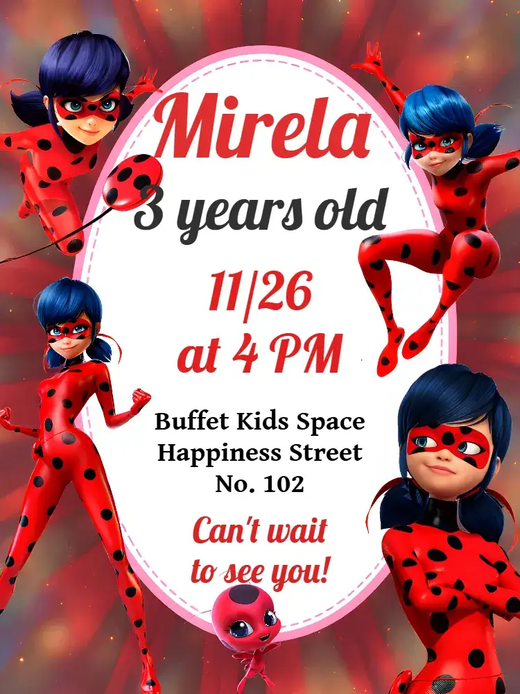Invitation Miraculous Ladybug Pink – Most searched for theme vibrant colors, childish style, ladybug theme, fun design, cheerful look, playful graphic elements