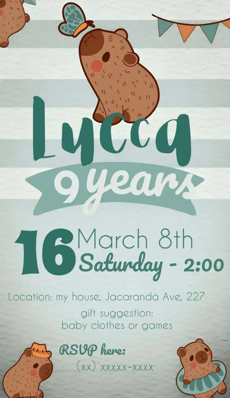 Invitation Capivara Capybara – Kids' Birthday Party theme colorful, fun, playful, animals, childlike, modern