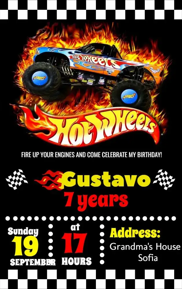Invitation Hot Wheels Party – Most searched for theme vibrant colors, modern style, car graphic elements, racing theme, childish design, green and blue details