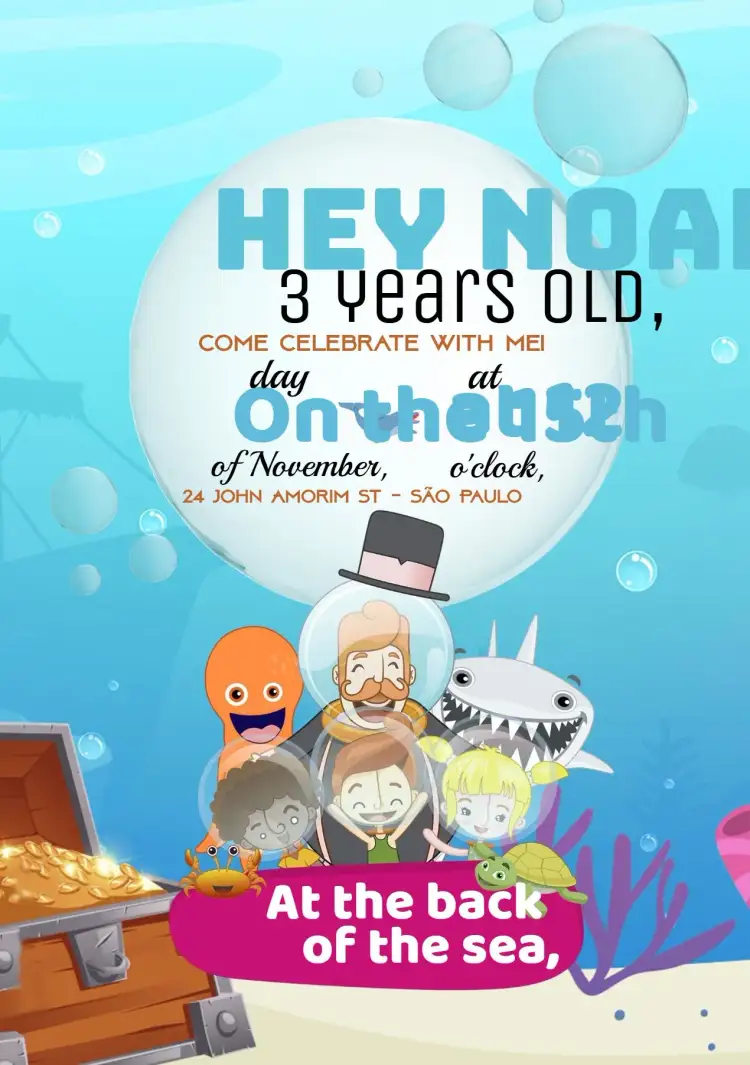 Invitation Mundo Bita Fundo Do Mar Bolhas – Kids' Birthday Party theme under the sea, bubbles, vibrant, childlike, colorful, fun