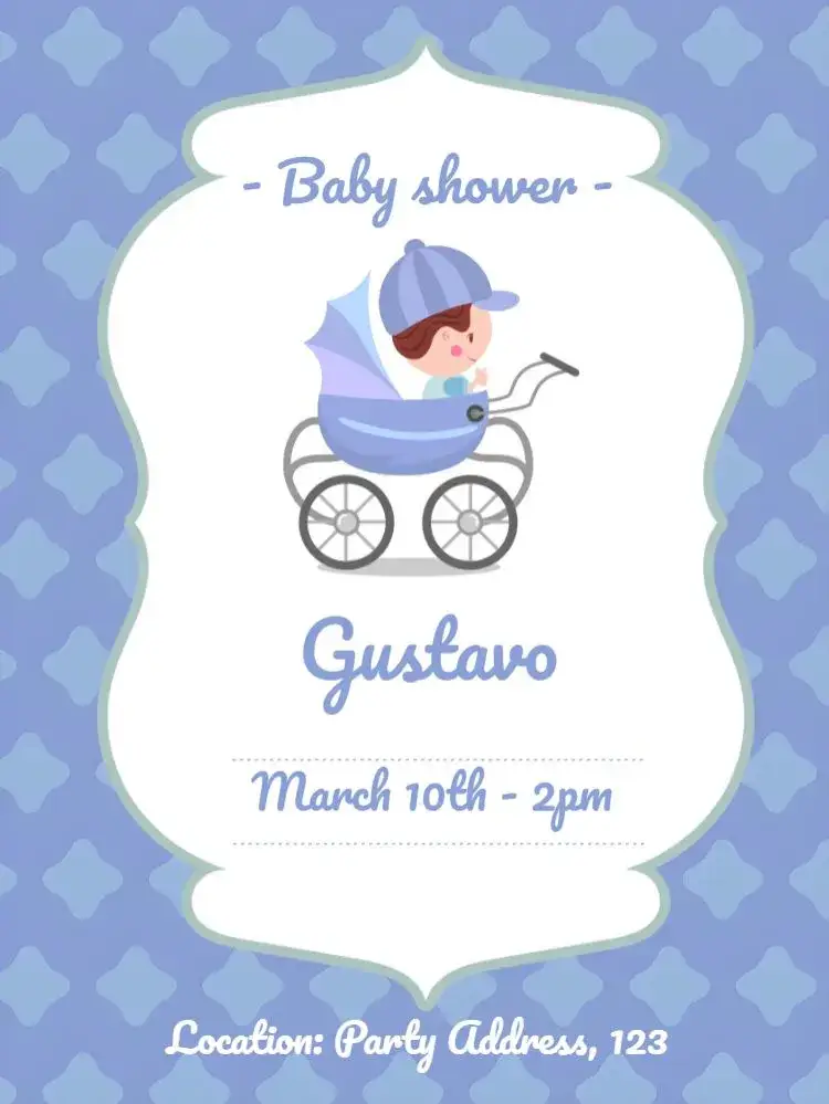 Invitation Blue Baby Shower - Baby Boy – Diaper Shower theme light blue, baby stroller, fun, modern, childlike
