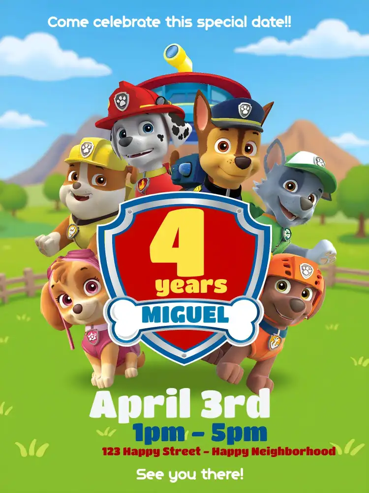 Invitation From the Blue Paw Patrol – Kids' Birthday Party theme colorful, fun, childish, themed, modern