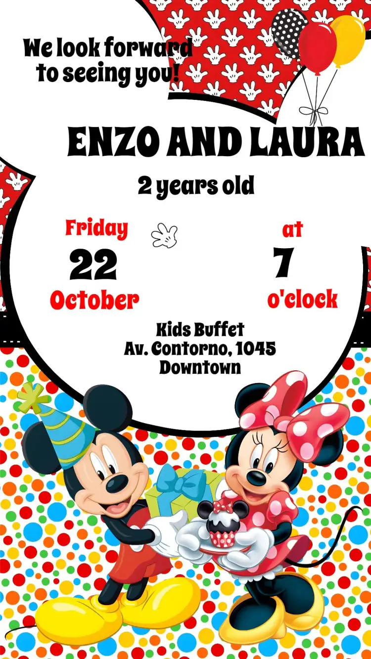 Invitation Mickey and Minnie – Kids' Birthday Party theme colorful, fun, themed, childlike, Disney, animals