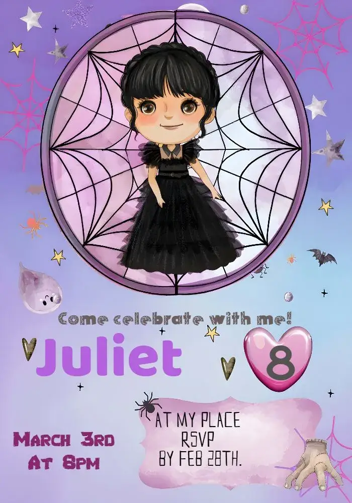Colorful Wednesday Addams Birthday invitation