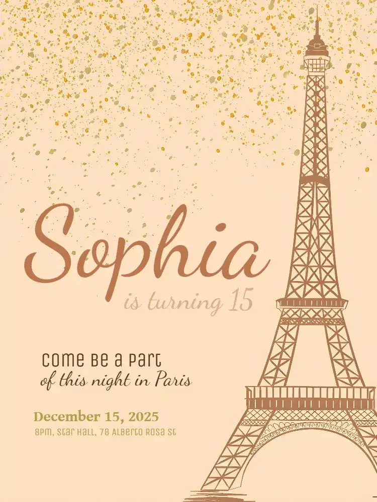 Invitation 15 Years Paris Eiffel – Sweet 15 theme romantic, elegant, modern, minimalist, golden, classic