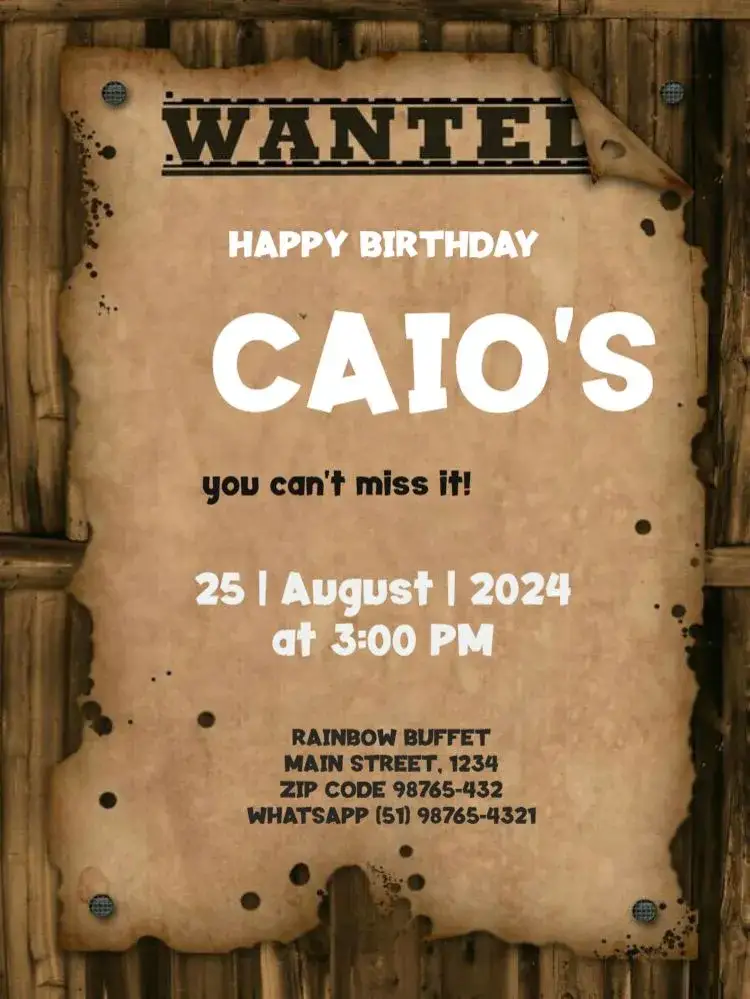 Invitation Wanted Meeting – Kids' Birthday Party theme vintage, farwest, colorful, fun-filled, themed, rustic