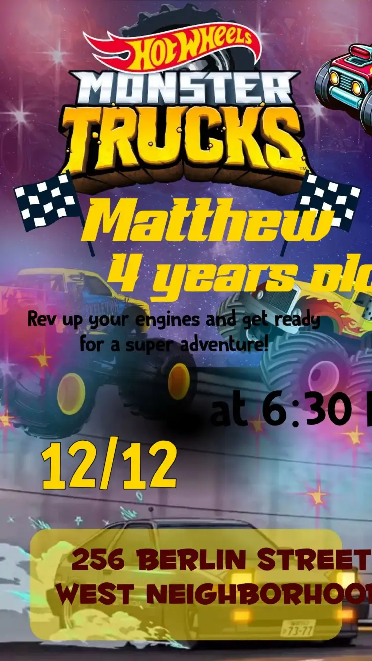 Invitation Hotwheels – Kids' Birthday Party theme vibrant colors, automotive style, racing graphic elements, dynamic, fun, modern