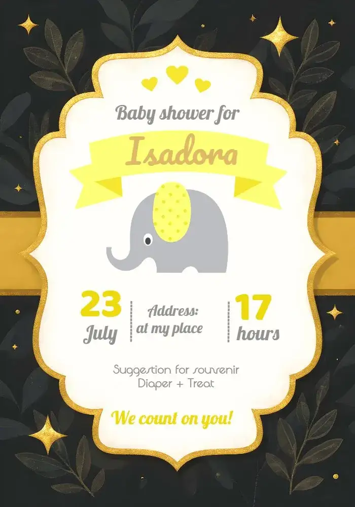 Invitation Yellow Gray Elephant Baby Shower – Bridal Shower theme little elephant, yellow and gray, modern, childish, cute illustrations, minimalist
