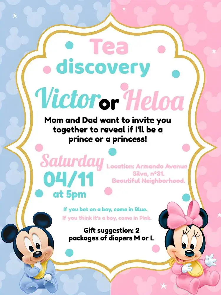 Invite Minnie And Mickey Baby Boy Gender Reveal editable and customizable