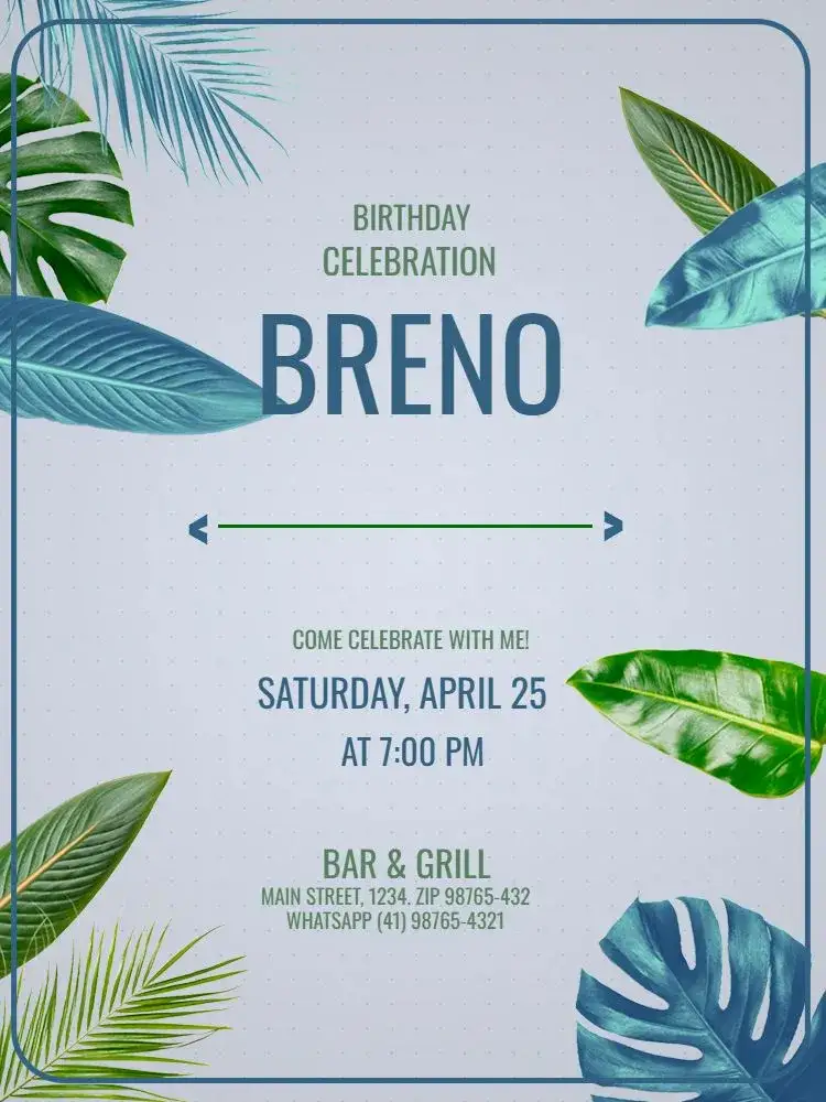 Invitation Male Adult Light Foliage – Kids' Birthday Party theme tropical, modern, light blue, foliage, cheerful, minimalist