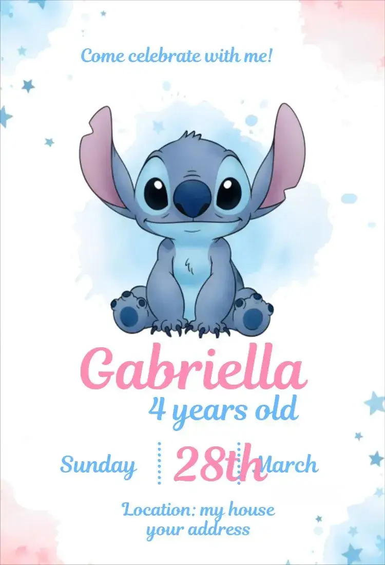 Invitation Stitch 1 – Birthday theme neutral, blue, pink, playful, fun, themed