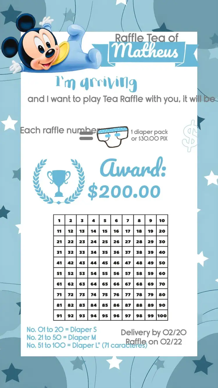 Invitation Mickey Mouse Baby Shower Raffle – Raffle Tea theme blue, white, children's, themed, playful, fun