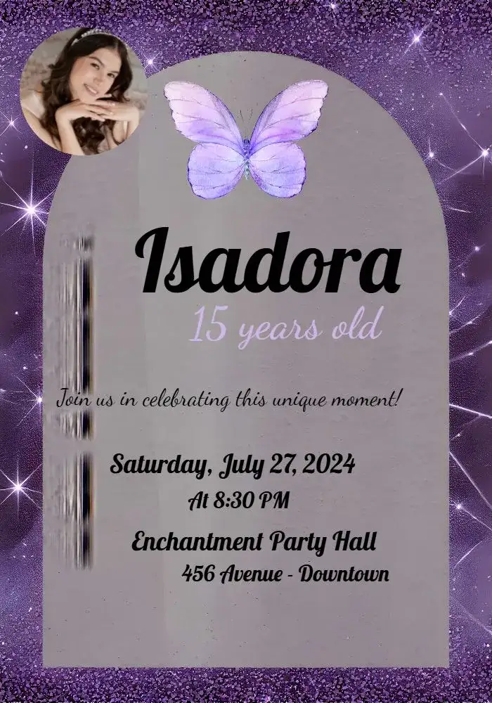 Invitation 15th Birthday Lilac With Adult Photo – Birthday theme lilac, black, glitter, luxury, elegant, modern