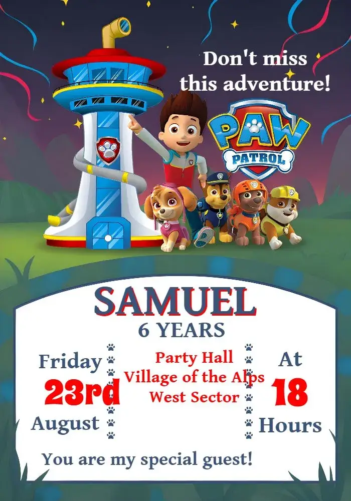Colorful Paw Patrol invitation
