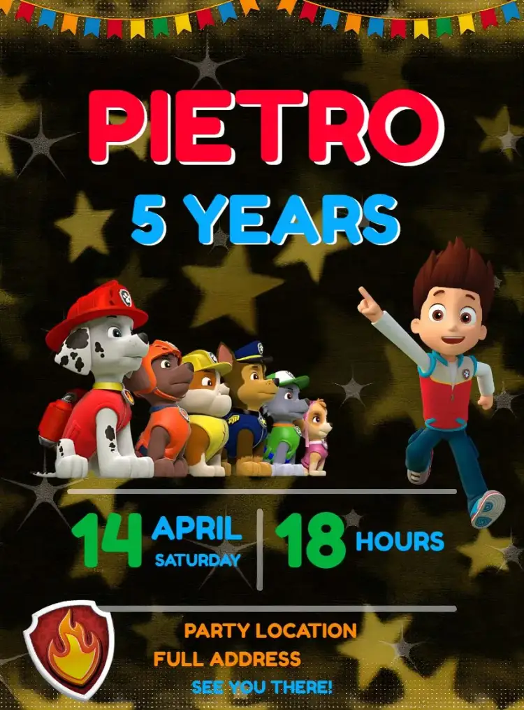 Invitation Paw Patrol – Kids' Birthday Party theme colorful, fun, themed, childlike, adventure