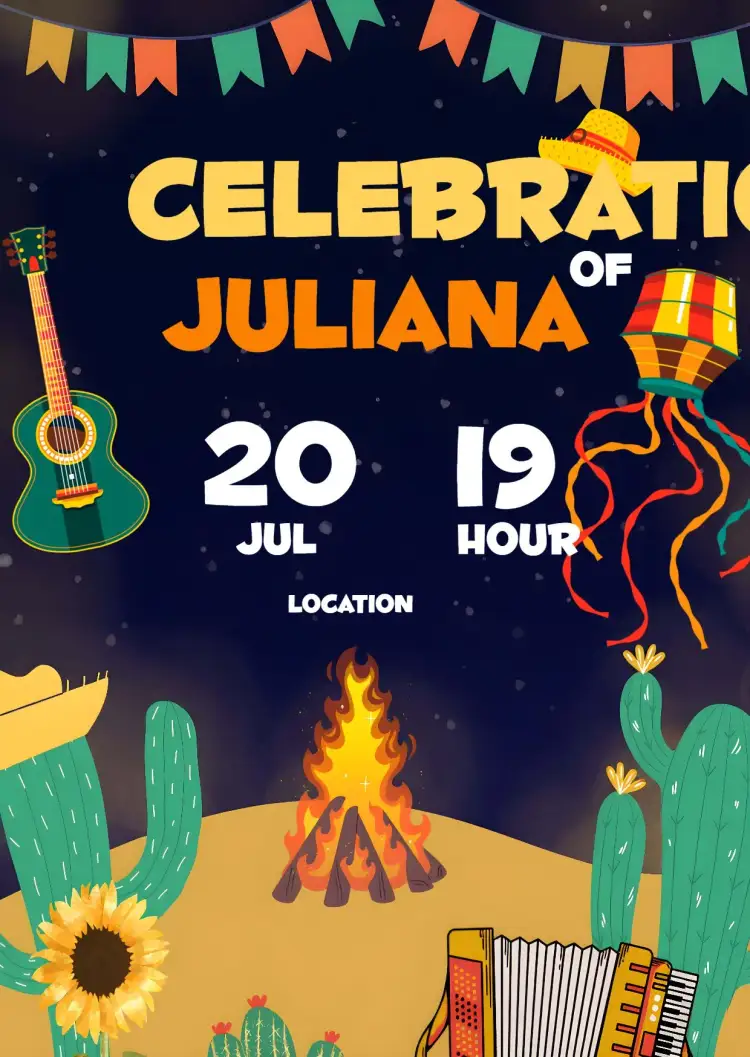 Invitation For Junina Party Arraiá João – Commemorative Dates theme vibrant, rustic, colorful, traditional, festive, Brazilian