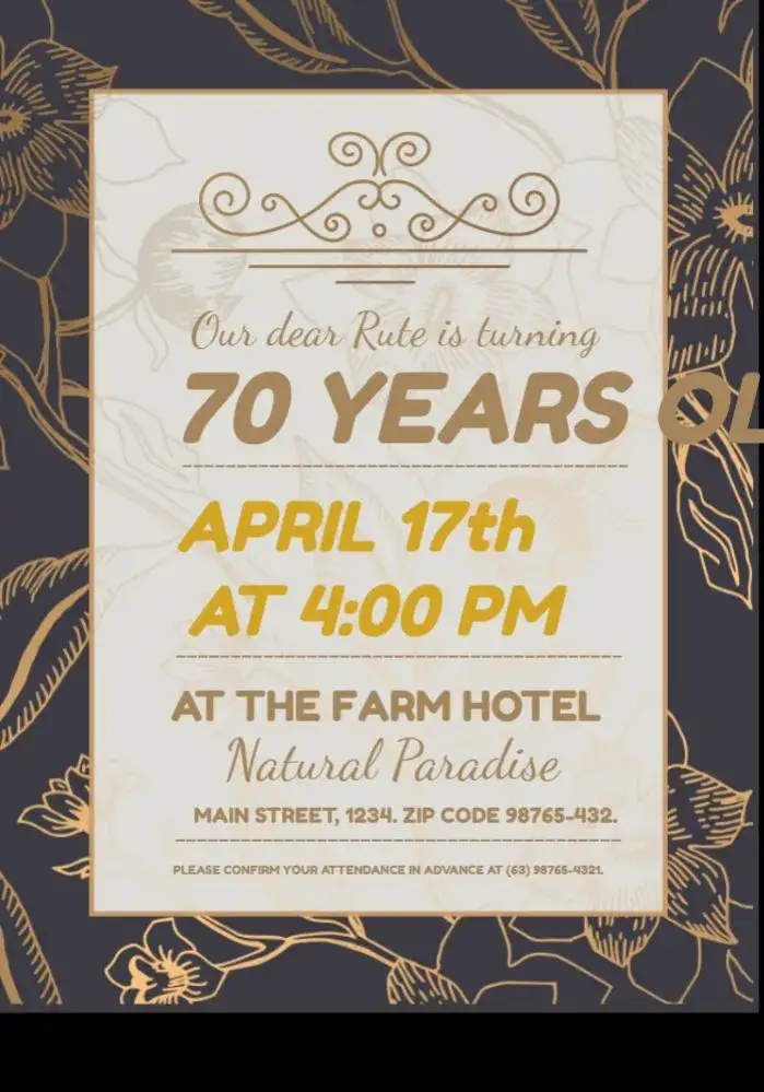 Invitation 70 Years Delicate Celebration – Sweet 15 theme delicate, elegant, golden, dark, sophisticated, minimalist