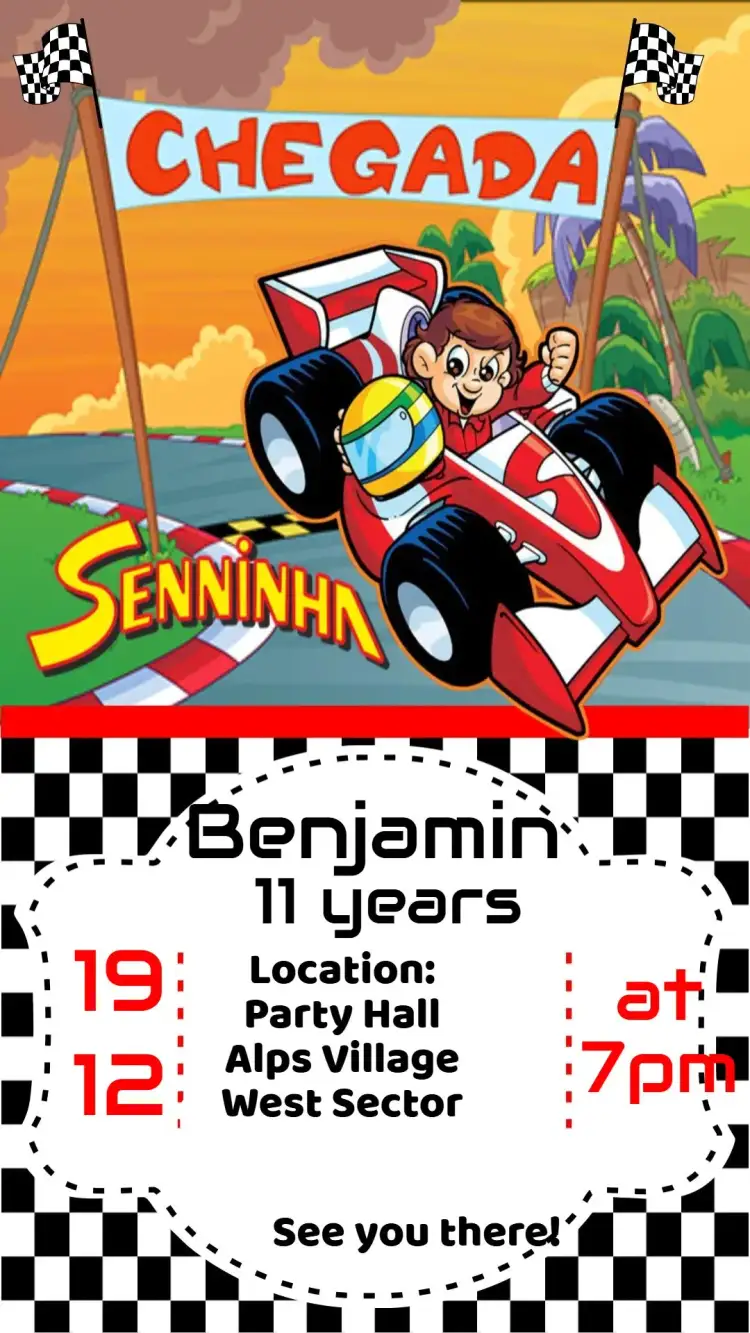 Invitation Senninha – Kids' Birthday Party theme vibrant colors, fun style, racing elements, animated graphics, childish theme, interactive design
