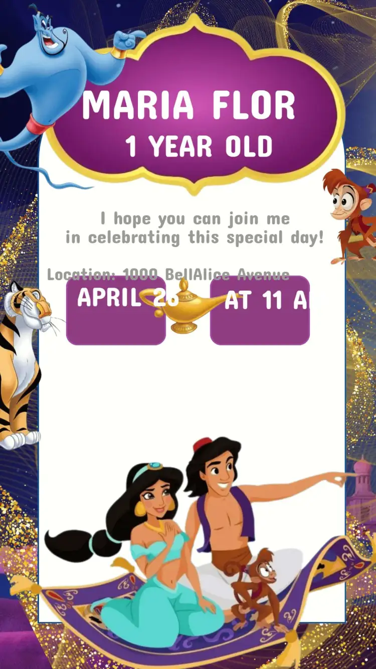 Invitation Princess Jasmine Birthday Invitation – Kids' Birthday Party theme vibrant colors, elements from the East, magical style, golden details, childlike illustrations, playful style