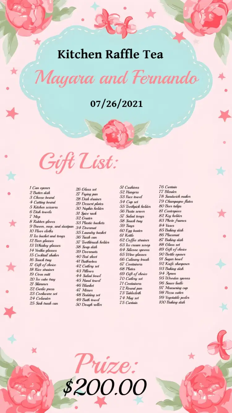 Invitation Floral Kitchen Raffle Tea List – Bridal Shower theme floral, modern, soft, colorful, vintage