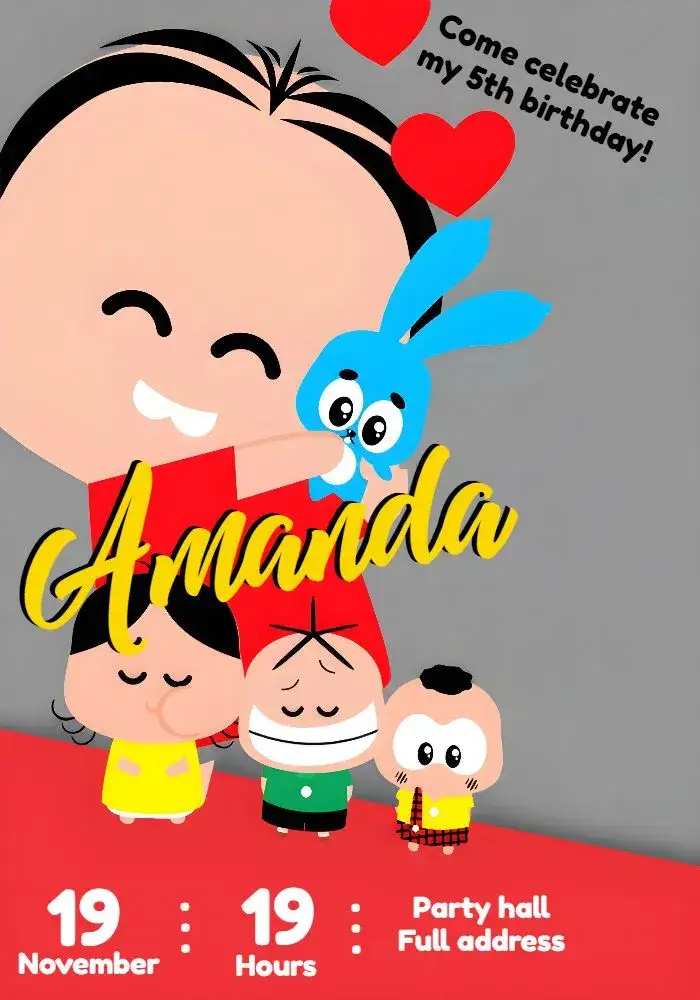 Invitation Mônica Toy Red – Kids' Birthday Party theme colorful, fun-filled, childish, modern, themed, lively