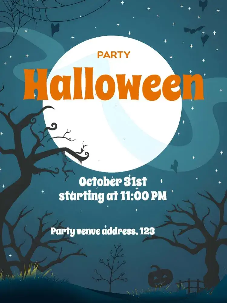 Invitation Blue Halloween – Commemorative Dates theme blue, orange, fantasy, bats, magical, fun