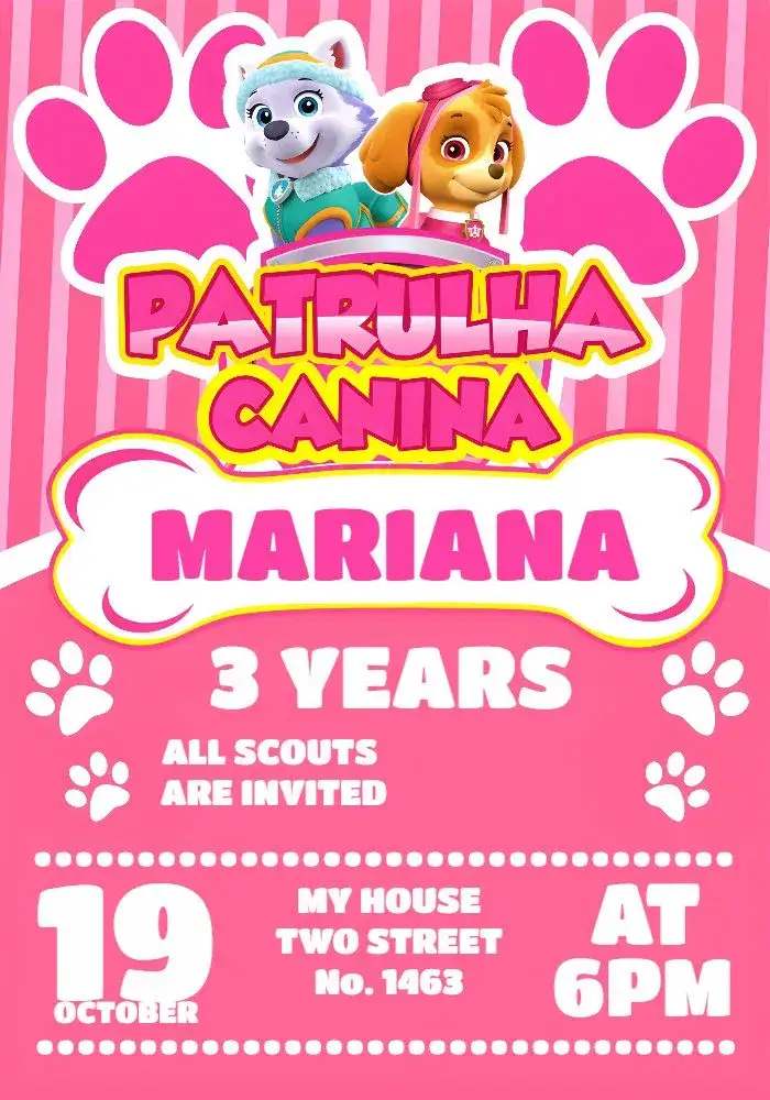 Invitation Pink Paw Patrol – Kids' Birthday Party theme pink, rosa, fun, themed, colorful, children