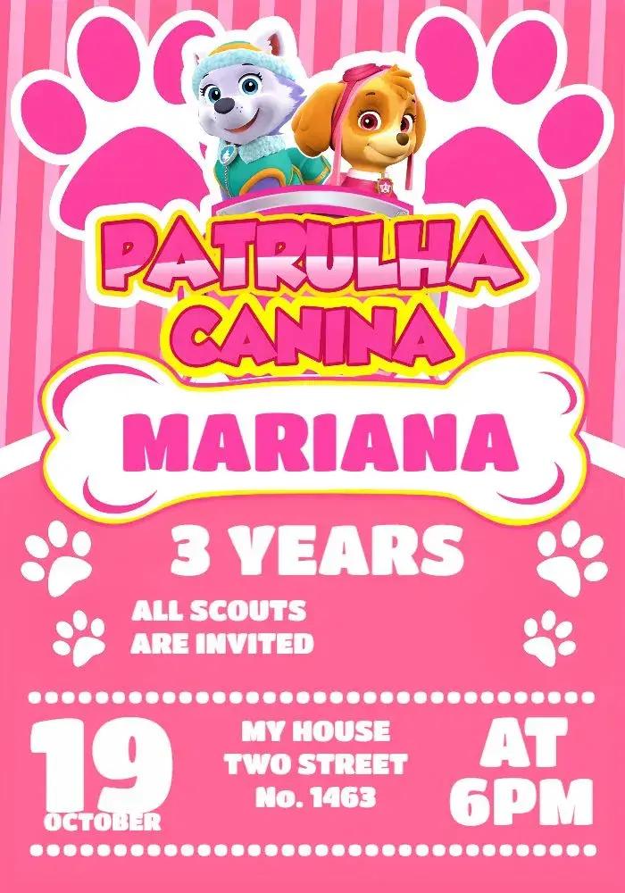 Pink Paw Patrol invitation