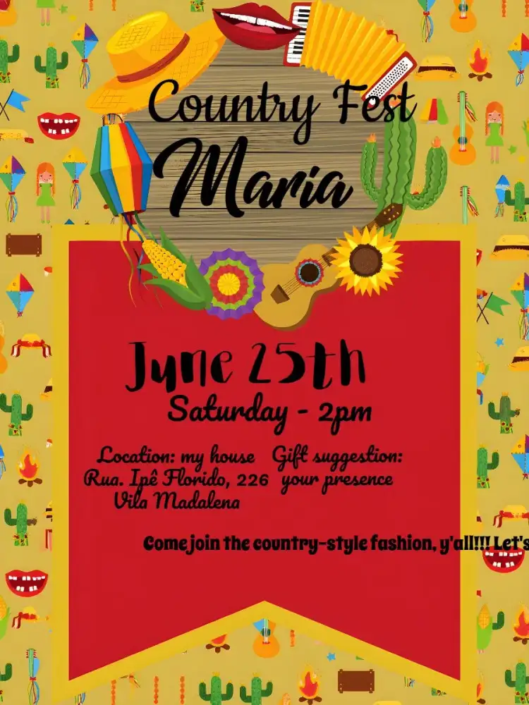 Invitation Arraiá Festa Junina Milho – Commemorative Dates theme colorful, vintage, rustic, country, festive, traditional