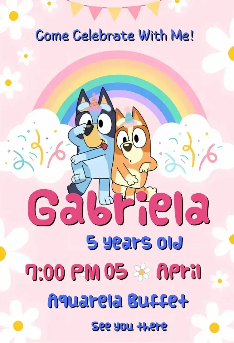 Invitation Bluey and Bingo – Kids' Birthday Party theme colorful, fun, playful, childlike, lively