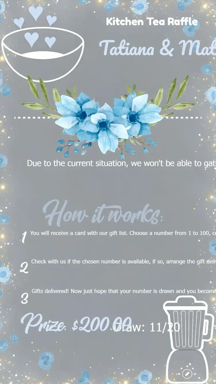 Invitation Floral Chalkboard Kitchen Raffle Tea Wedding – Bridal Shower theme floral, chalkboard, blue and white, rustic, modern, elegant