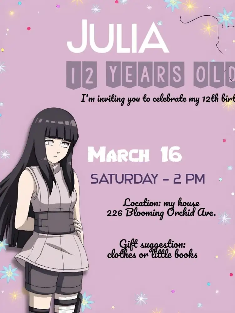 Invitation Hinata Black – Kids' Birthday Party theme anime, modern, themed, purple and lilac, Naruto characters