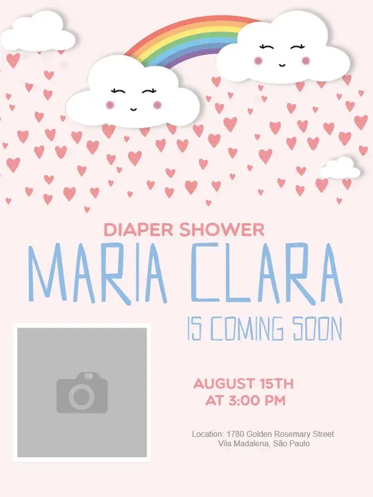 Invitation Diaper Shower Celebration – Diaper Shower theme pink, clouds, drizzle, rainbow, hearts, childlike