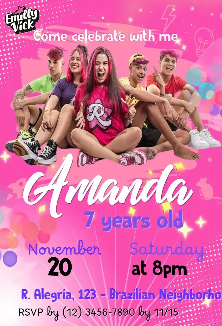 Invitation Emilly Vick – Kids' Birthday Party theme pink, magenta, fun, colorful, fun, childish